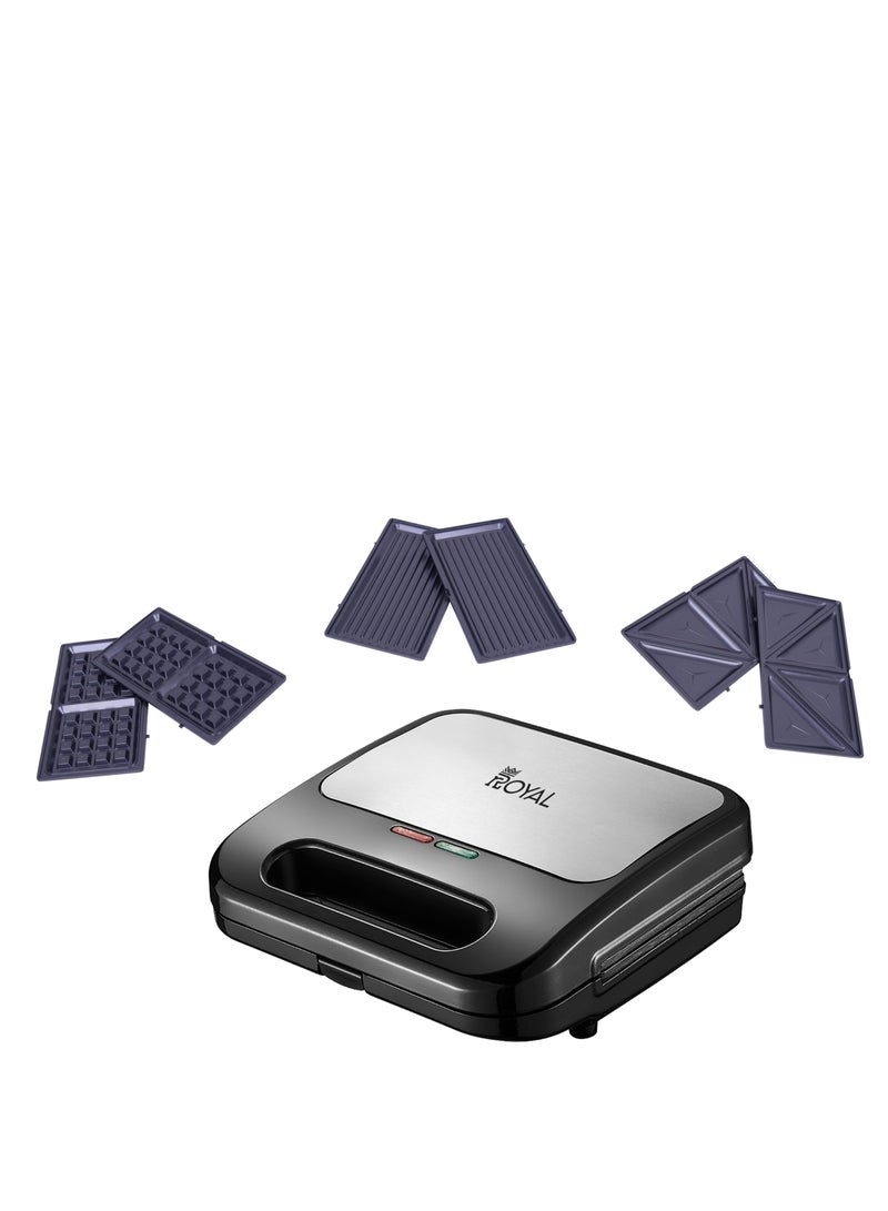 Royal Commercial Sandwich Maker | Power: 220-240V 50/60HZ | Watts: 700~800W with BS Plug | 3iN1 DETACHABLE SANDWICH MAKER | SANDWICH +WAFFLE+GRILL | SANDWICH PLATE 2 SLICE | Color: Black 800 W RA-SMC110  - Image 1