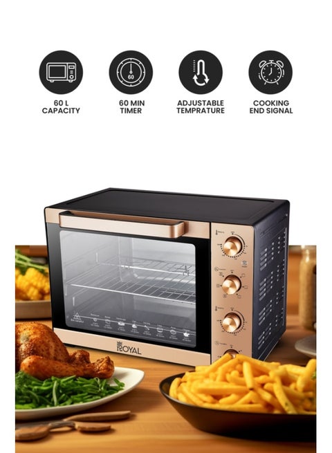 Electric Oven Toaster | Capacity: 60 Liter | Power: 220-240V  50/60Hz | Watts: 1900W With BS plug | Luxury Panel | Adjustable Temperature70~250°C | 60 Minutes Timer with Bell Ring 60 L 1900 W RA-OT6032 Bronze