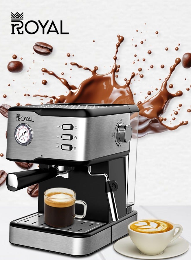 Royal All-In-One Coffee Maker to make Espresso, Cappuccino with 15 Bar Steam Pressure Pump, Svivel Steam Jet to Froth Milk, Keep Warm Tray and Automatic Shut-Off 1.5 L 950 W Royal Coffee Maker Machine RA-CM3815 Silver - Image 4