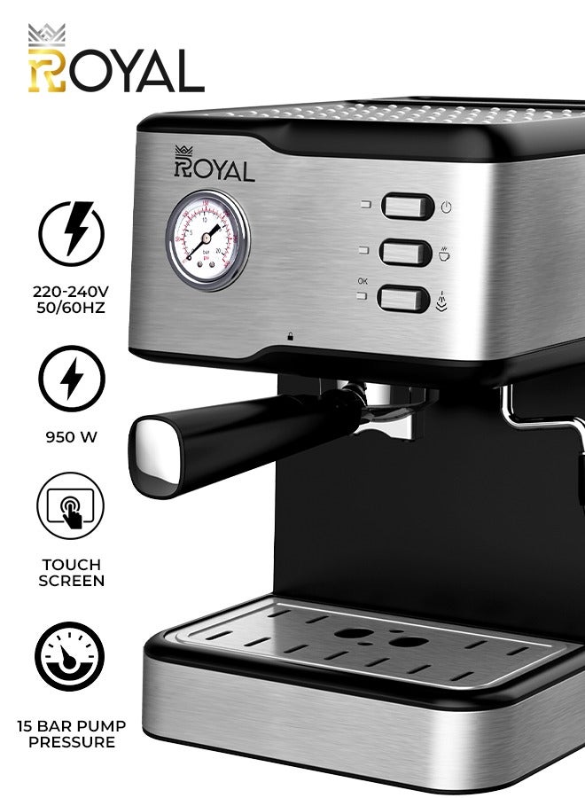 Royal All-In-One Coffee Maker to make Espresso, Cappuccino with 15 Bar Steam Pressure Pump, Svivel Steam Jet to Froth Milk, Keep Warm Tray and Automatic Shut-Off 1.5 L 950 W Royal Coffee Maker Machine RA-CM3815 Silver - Image 2