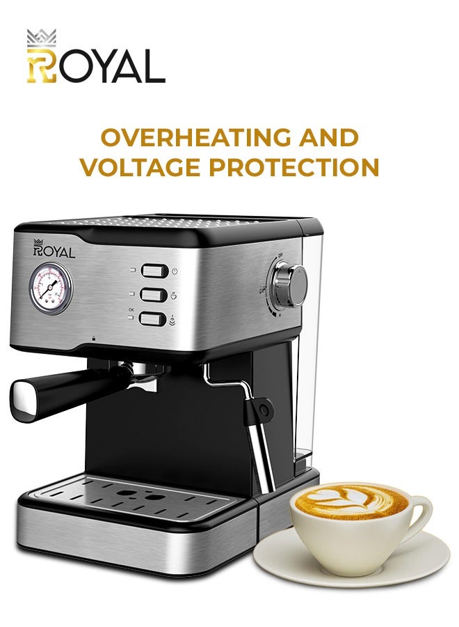 Royal All-In-One Coffee Maker to make Espresso, Cappuccino with 15 Bar Steam Pressure Pump, Svivel Steam Jet to Froth Milk, Keep Warm Tray and Automatic Shut-Off 1.5 L 950 W Royal Coffee Maker Machine RA-CM3815 Silver - Image 3