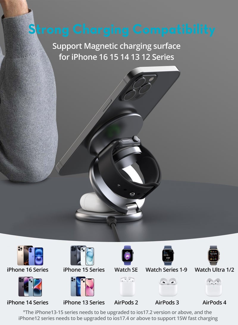 RAVPOWER - Premium Stand and MagSafe Charger 15W 360 Degree Rotating 3 In 1 For Phone, Headphone, Watch - Dark Grey - Image 1