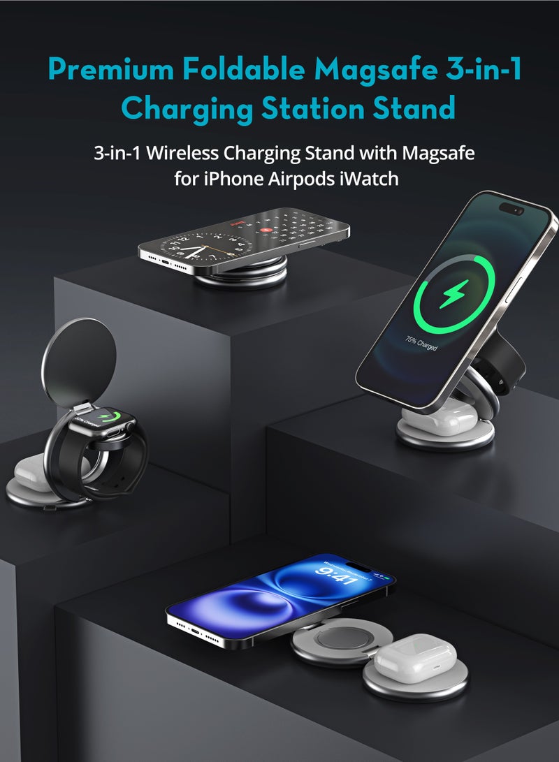 RAVPOWER - Premium Stand and MagSafe Charger 15W 360 Degree Rotating 3 In 1 For Phone, Headphone, Watch - Dark Grey - Image 1