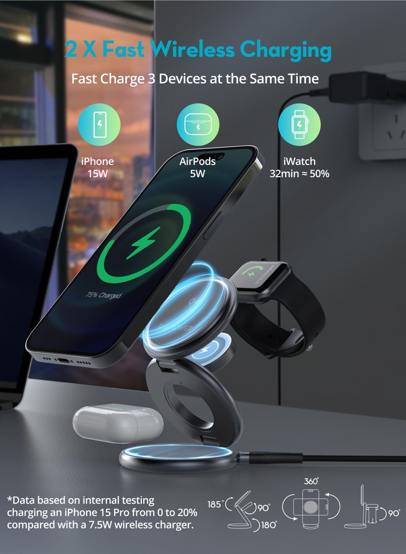 RAVPOWER - Premium Stand and MagSafe Charger 15W 360 Degree Rotating 3 In 1 For Phone, Headphone, Watch - Dark Grey - Image 1