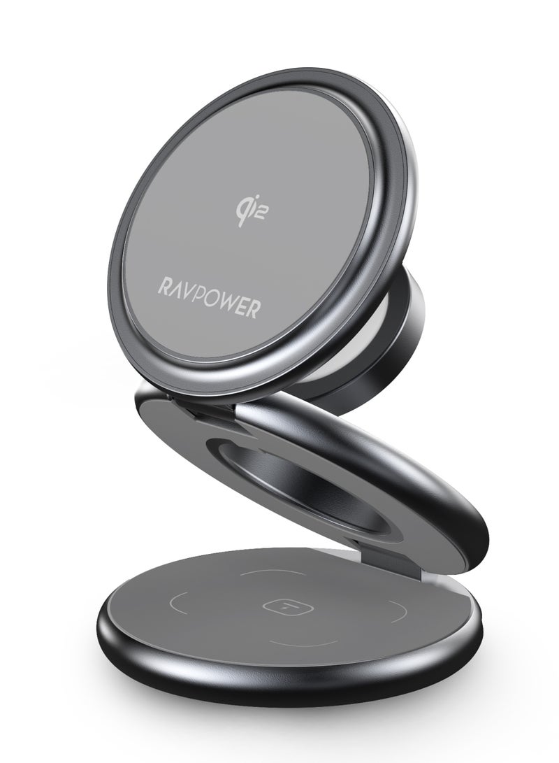 RAVPOWER - Premium Stand and MagSafe Charger 15W 360 Degree Rotating 3 In 1 For Phone, Headphone, Watch - Dark Grey - Image 1