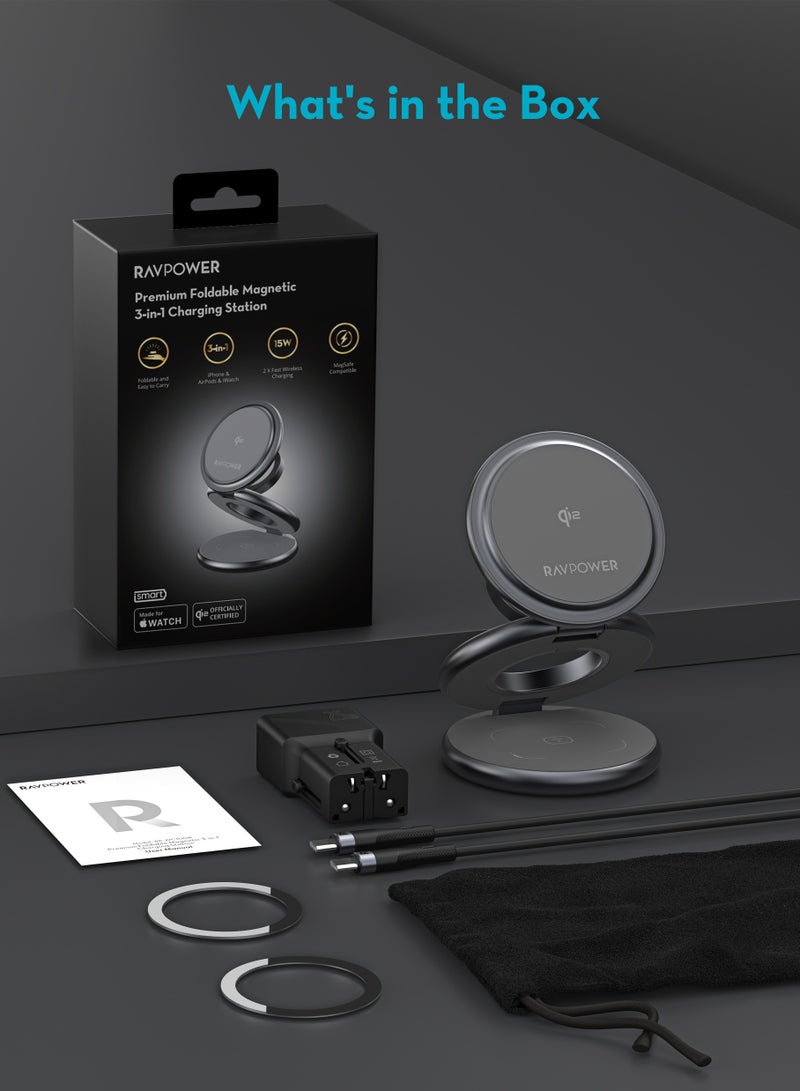 RAVPOWER - Premium Stand and MagSafe Charger 15W 360 Degree Rotating 3 In 1 For Phone, Headphone, Watch - Dark Grey - Image 1