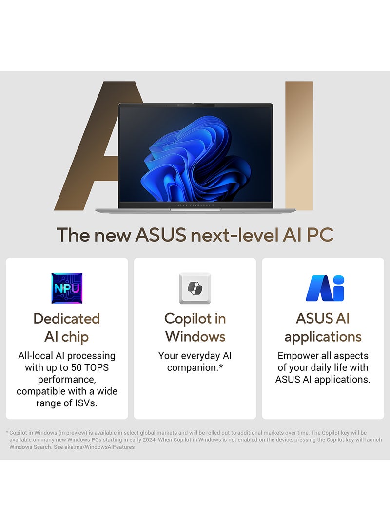 ASUS - Vivobook S 14 Laptop With 14-Inch Display, AMD Ryzen AI R9-365 Processor/32GB RAM/1TB SSD/AMD Radeon Graphics/Windows 11 Home With Copilot Key English Cool silver - Image 1
