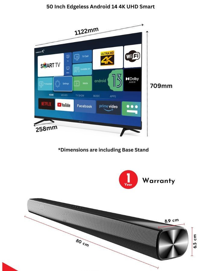 فيديوكون - 50 Inch 4K UHD LED Smart TV with Android OS, DVBT2/S2 Receiver, 60Hz, HDR, Paired With 2.0 Channel 30W Soundbar, 3D Surround Sound, Bluetooth, USB, FM Radio E50EL1100+SOUNDBAR Black - Image 1