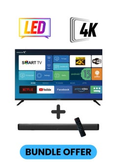 فيديوكون 50 Inch 4K UHD LED Smart TV with Android OS, DVBT2/S2 Receiver, 60Hz, HDR, Paired With 2.0 Channel 30W Soundbar, 3D Surround Sound, Bluetooth, USB, FM Radio E50EL1100+SOUNDBAR Black  - Image 1