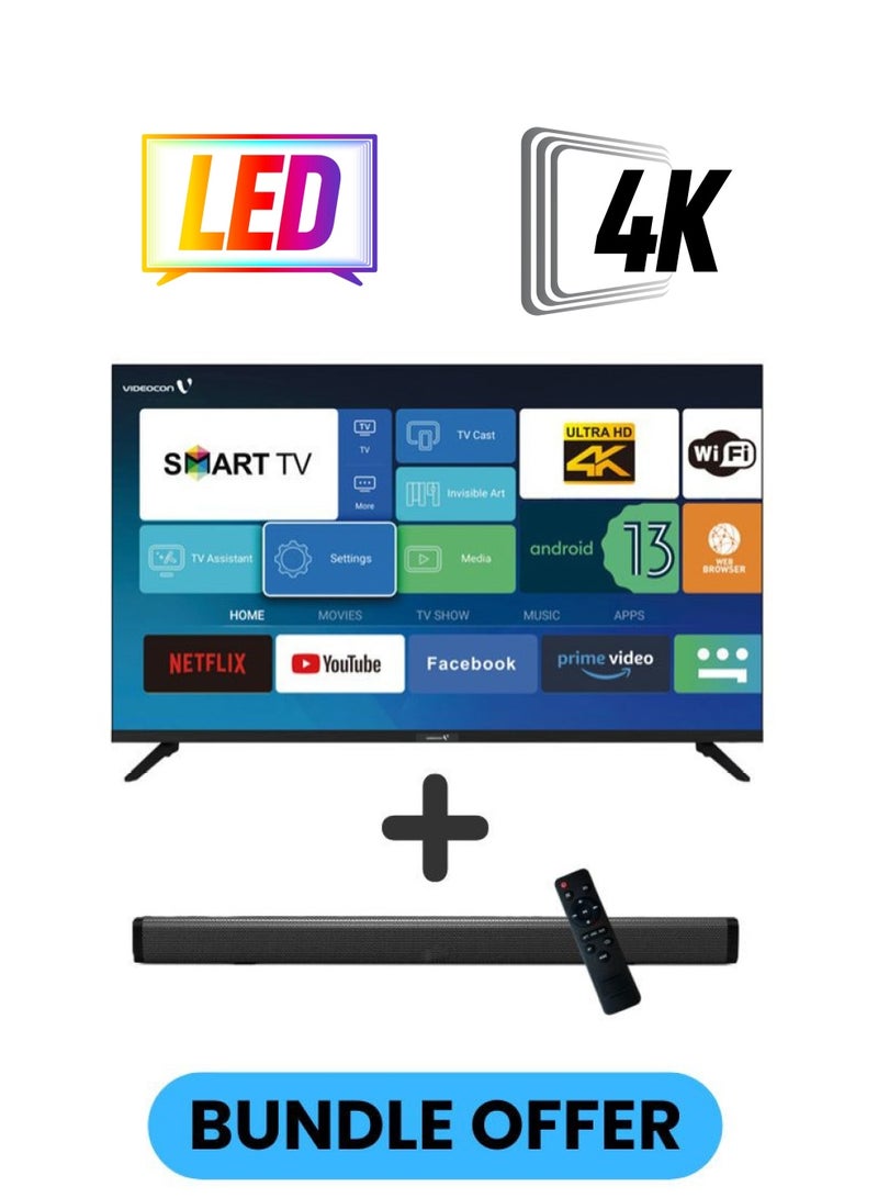 فيديوكون - 50 Inch 4K UHD LED Smart TV with Android OS, DVBT2/S2 Receiver, 60Hz, HDR, Paired With 2.0 Channel 30W Soundbar, 3D Surround Sound, Bluetooth, USB, FM Radio E50EL1100+SOUNDBAR Black - Image 1