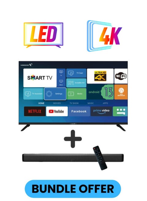 50 Inch 4K UHD LED Smart TV with Android OS, DVBT2/S2 Receiver, 60Hz, HDR, Paired With 2.0 Channel 30W Soundbar, 3D Surround Sound, Bluetooth, USB, FM Radio E50EL1100+SOUNDBAR Black