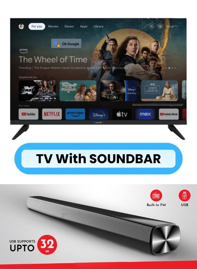 VIDEOCON 75 Inch 4K UHD Google TV with Voice Remote, Chromecast, 60Hz, HDR, Paired with 2.0 Channel 30W Soundbar, Bluetooth, USB, FM Radio E75ELGT1100+SOUNDBAR Black  - Image 2