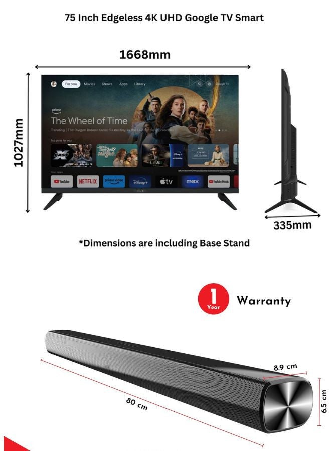 VIDEOCON 75 Inch 4K UHD Google TV with Voice Remote, Chromecast, 60Hz, HDR, Paired with 2.0 Channel 30W Soundbar, Bluetooth, USB, FM Radio E75ELGT1100+SOUNDBAR Black  - Image 3