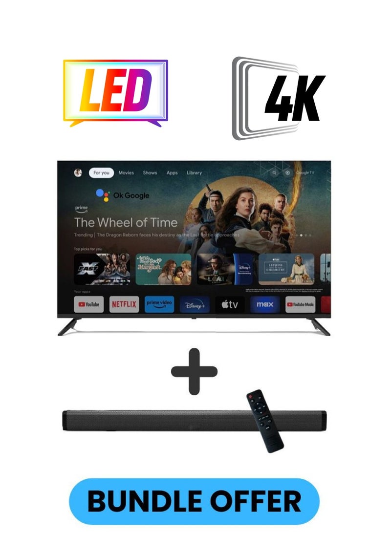 VIDEOCON 75 Inch 4K UHD Google TV with Voice Remote, Chromecast, 60Hz, HDR, Paired with 2.0 Channel 30W Soundbar, Bluetooth, USB, FM Radio E75ELGT1100+SOUNDBAR Black  - Image 1
