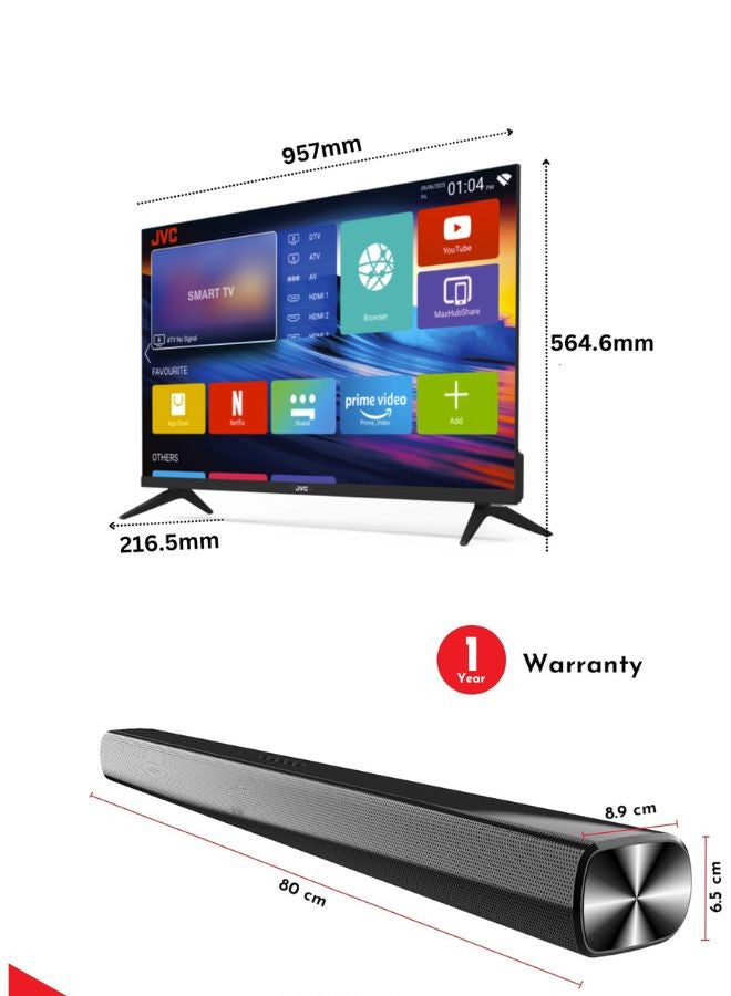 JVC 43 Inch Edgeless Full HD Android 14 Smart TV with Bluetooth, 60Hz, HDMI, USB Paired with 2.0 Channel 30W Soundbar, Bluetooth, USB, FM Radio LT-43N5105+SOUNDBAR Black  - Image 3