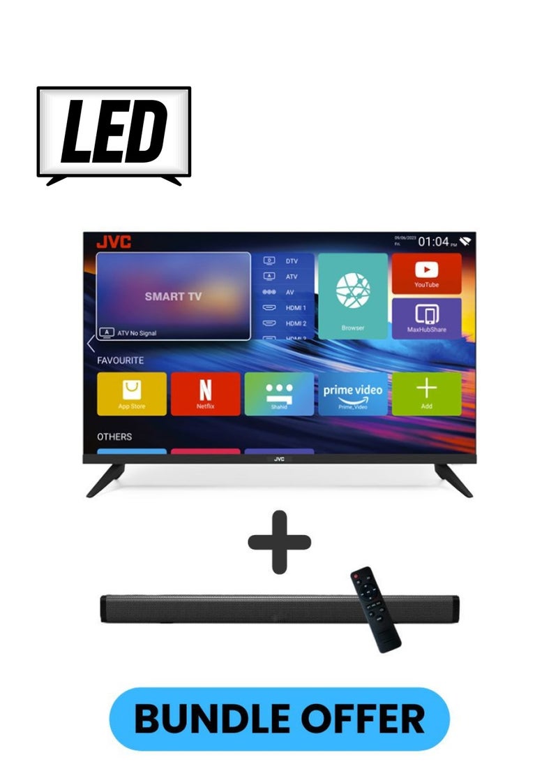 JVC 43 Inch Edgeless Full HD Android 14 Smart TV with Bluetooth, 60Hz, HDMI, USB Paired with 2.0 Channel 30W Soundbar, Bluetooth, USB, FM Radio LT-43N5105+SOUNDBAR Black  - Image 1