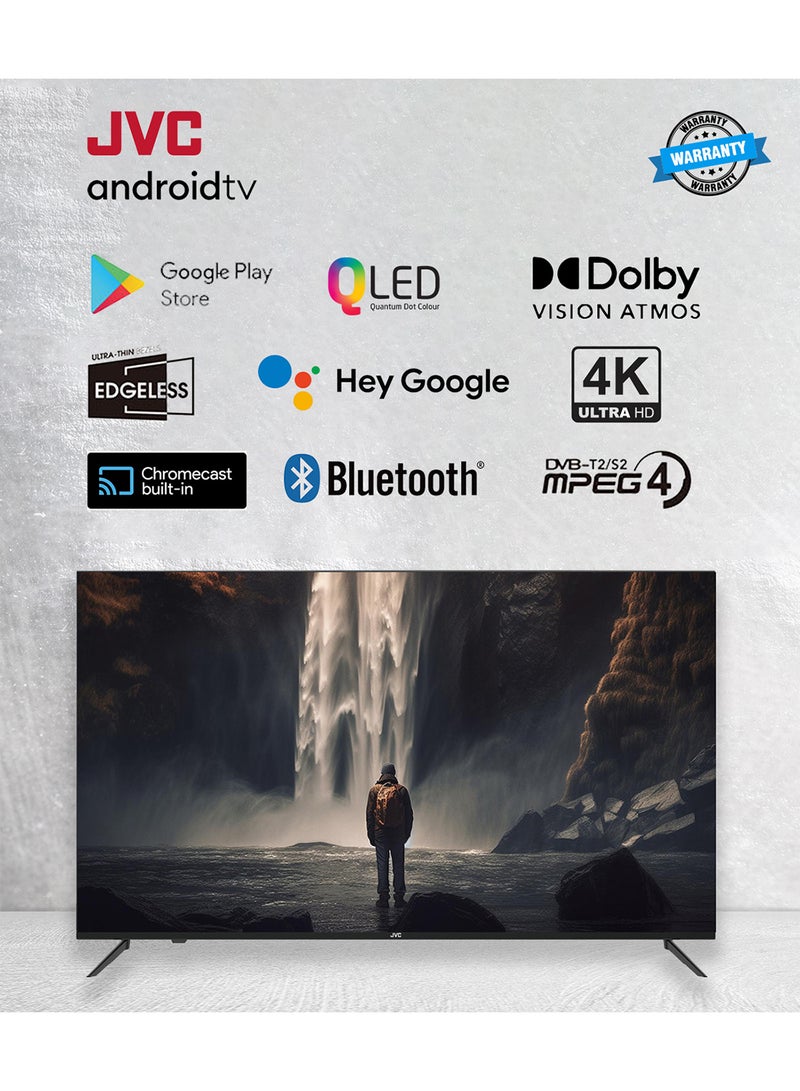 JVC - 75-Inch 4K QLED Android Smart TV with Dolby Vision, Chromecast, 60Hz Refresh Rate, and 'OK GOOGLE' Voice Remote, and 30W 2.0 Channel Soundbar with Bluetooth, HDMI ARC, USB, Optical Inputs LT-75NQ7115+SOUNDBAR Black - Image 1