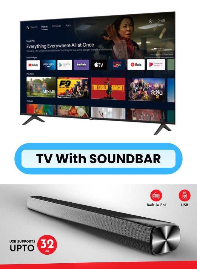 JVC - 75-Inch 4K QLED Android Smart TV with Dolby Vision, Chromecast, 60Hz Refresh Rate, and 'OK GOOGLE' Voice Remote, and 30W 2.0 Channel Soundbar with Bluetooth, HDMI ARC, USB, Optical Inputs LT-75NQ7115+SOUNDBAR Black - Image 1