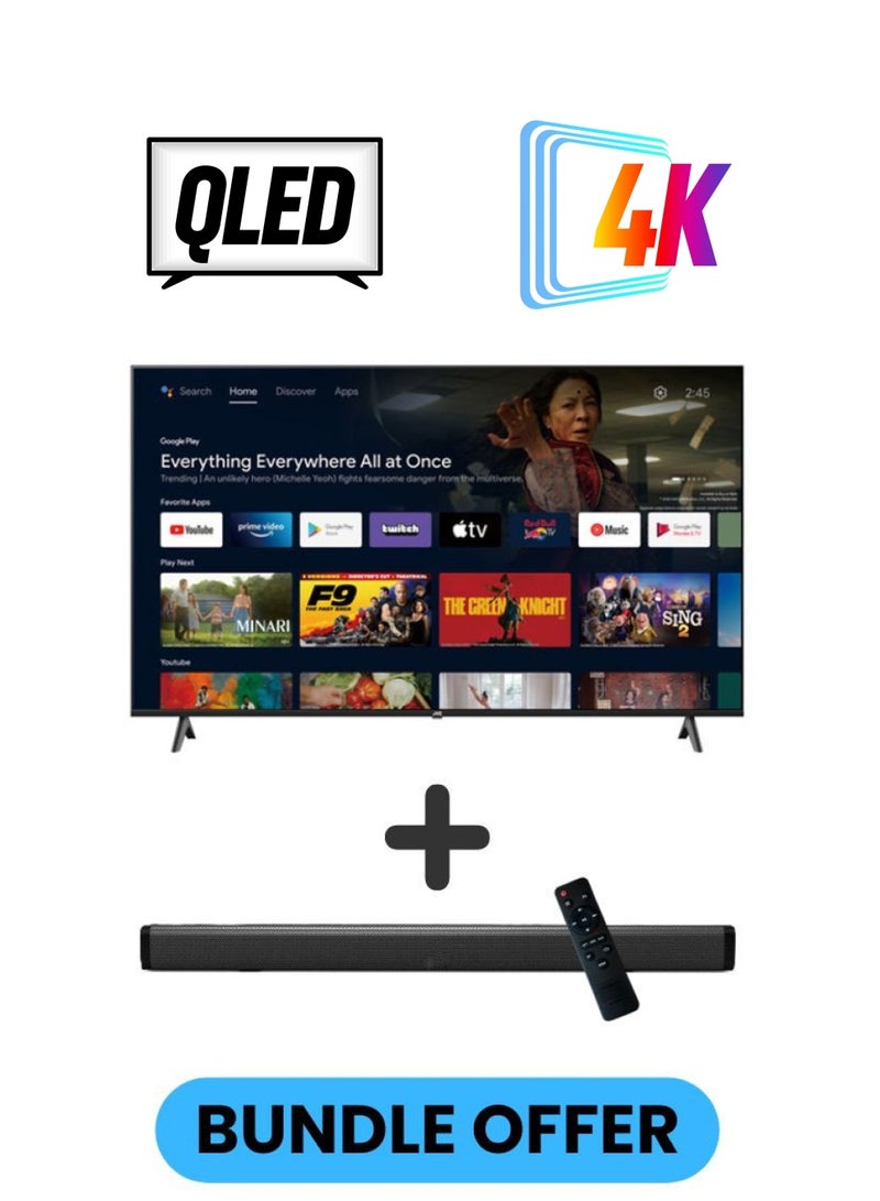 جي في سي 75-Inch 4K QLED Android Smart TV with Dolby Vision, Chromecast, 60Hz Refresh Rate, and 'OK GOOGLE' Voice Remote, and 30W 2.0 Channel Soundbar with Bluetooth, HDMI ARC, USB, Optical Inputs LT-75NQ7115+SOUNDBAR Black  - Image 1