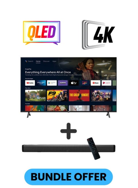 75-Inch 4K QLED Android Smart TV with Dolby Vision, Chromecast, 60Hz Refresh Rate, and 'OK GOOGLE' Voice Remote, and 30W 2.0 Channel Soundbar with Bluetooth, HDMI ARC, USB, Optical Inputs LT-75NQ7115+SOUNDBAR Black