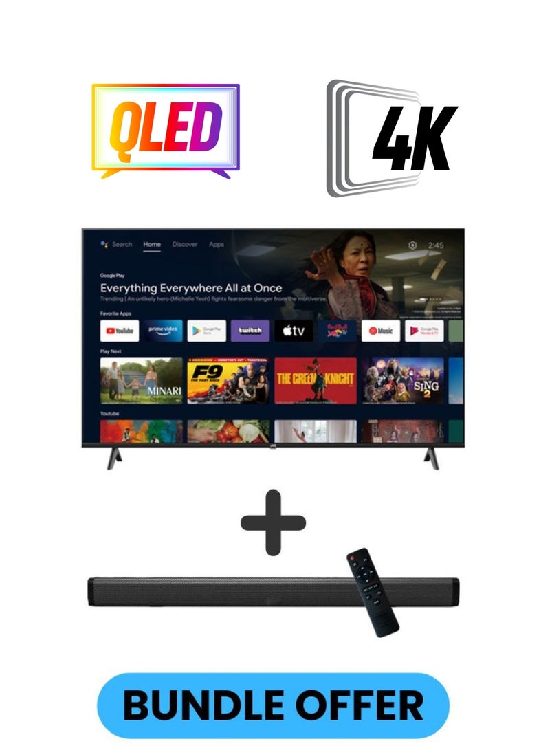 JVC - 75-Inch 4K QLED Android Smart TV with Dolby Vision, Chromecast, 60Hz Refresh Rate, and 'OK GOOGLE' Voice Remote, and 30W 2.0 Channel Soundbar with Bluetooth, HDMI ARC, USB, Optical Inputs LT-75NQ7115+SOUNDBAR Black - Image 1
