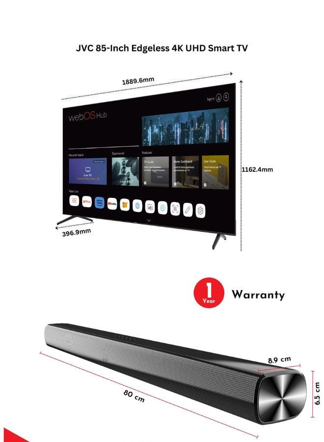 جي في سي 85 Inch QLED 4K UHD WebOS Smart TV with Magic Remote, 60Hz, Bluetooth Paired with 2.0 Channel 30W Soundbar, Bluetooth, USB, FM Radio LT-85NQ7155+SOUNDBAR Black  - Image 3