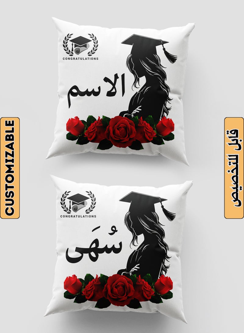 LOWHA Customizable Polyester Pillowcase Cushion Cover Personalized with Graduate's Name and Red Flowers Pattern White 40x40cm  - Image 1