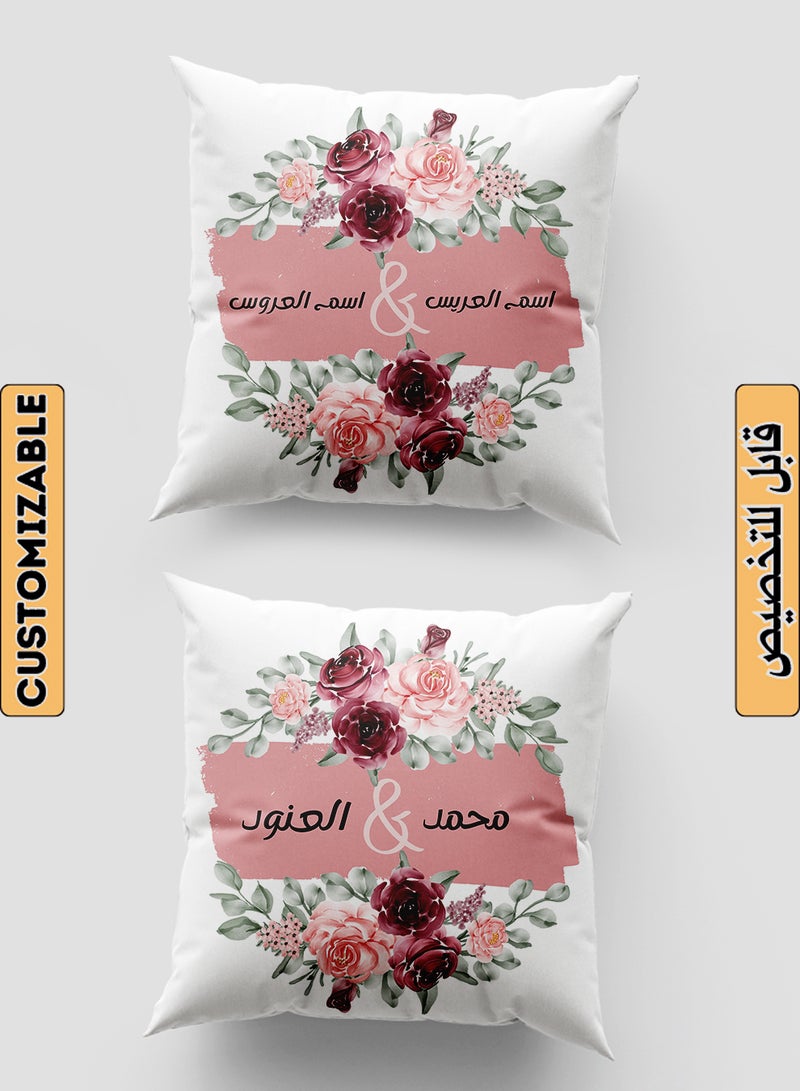 LOWHA Customizable Polyester Pillowcase Cushion Cover with Groom & Bride's Names and Flowers Design White 40x40cm  - Image 1