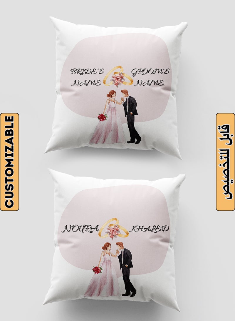 LOWHA Customizable Polyester Pillowcase Cushion Cover with Groom & Bride's Names and Groom Kissing Bride's Hand Design White 40x40cm  - Image 1