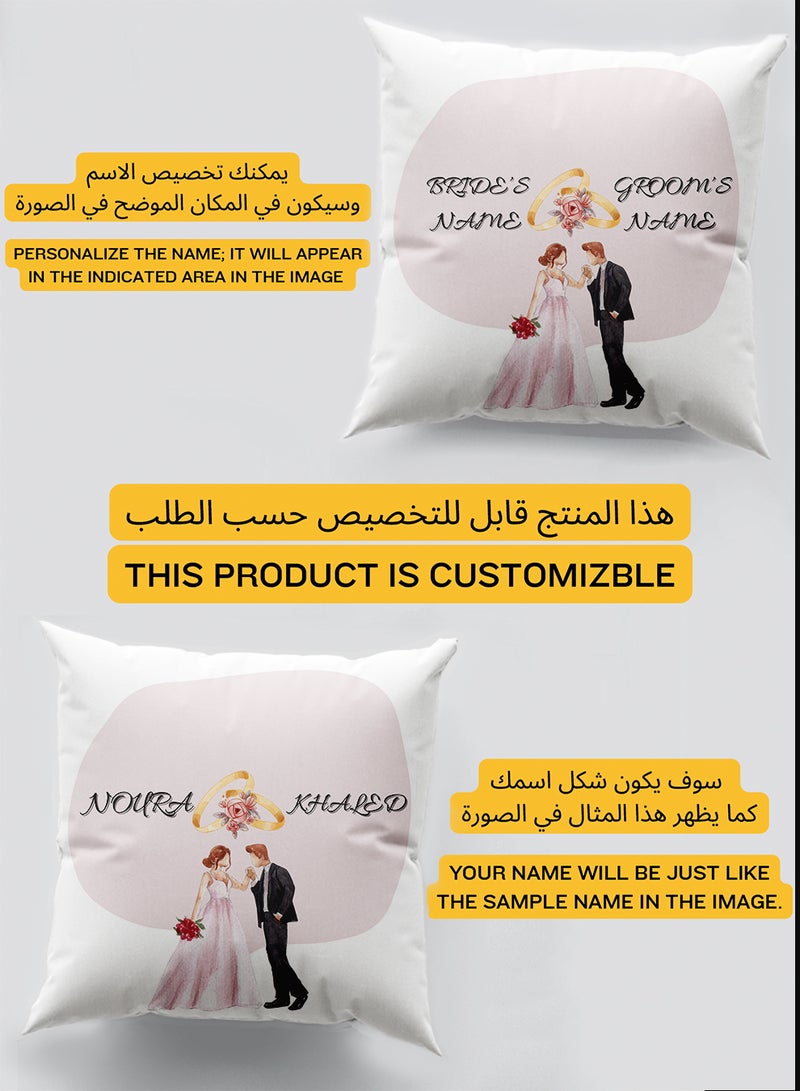 LOWHA Customizable Polyester Pillowcase Cushion Cover with Groom & Bride's Names and Groom Kissing Bride's Hand Design White 40x40cm  - Image 2
