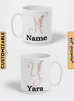 LOWHA Customizable Ceramic 11 oz Mug with Personalized Name and Flowers on First Letter of The Name White  - Image 1