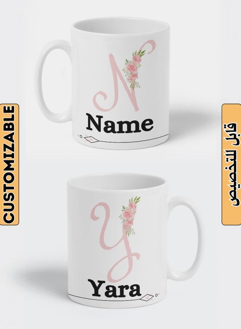 Customizable Ceramic 11 oz Mug with Personalized Name and Flowers on First Letter of The Name White