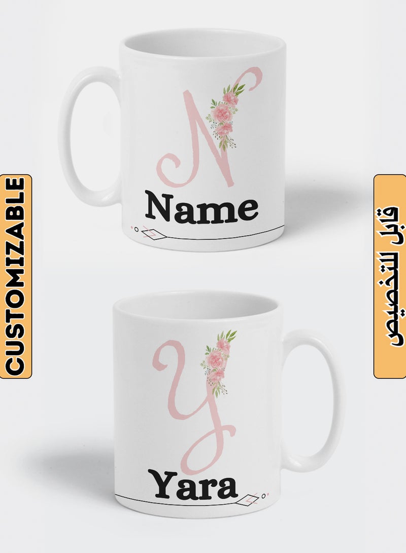 LOWHA - Customizable Ceramic 11 oz Mug with Personalized Name and Flowers on First Letter of The Name White - Image 1
