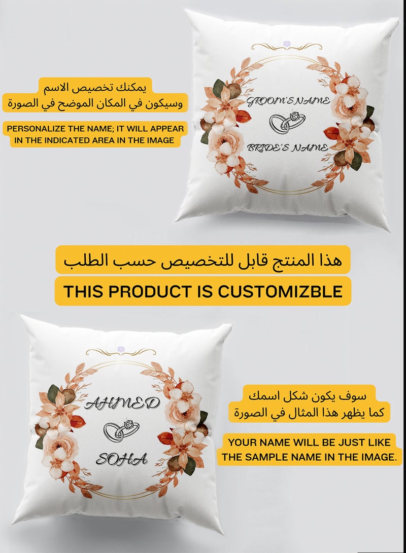 LOWHA Customizable Polyester Pillowcase Cushion Cover with Groom & Bride's Names and Wedding Ring in Flowers Pattern White 40x40cm  - Image 2