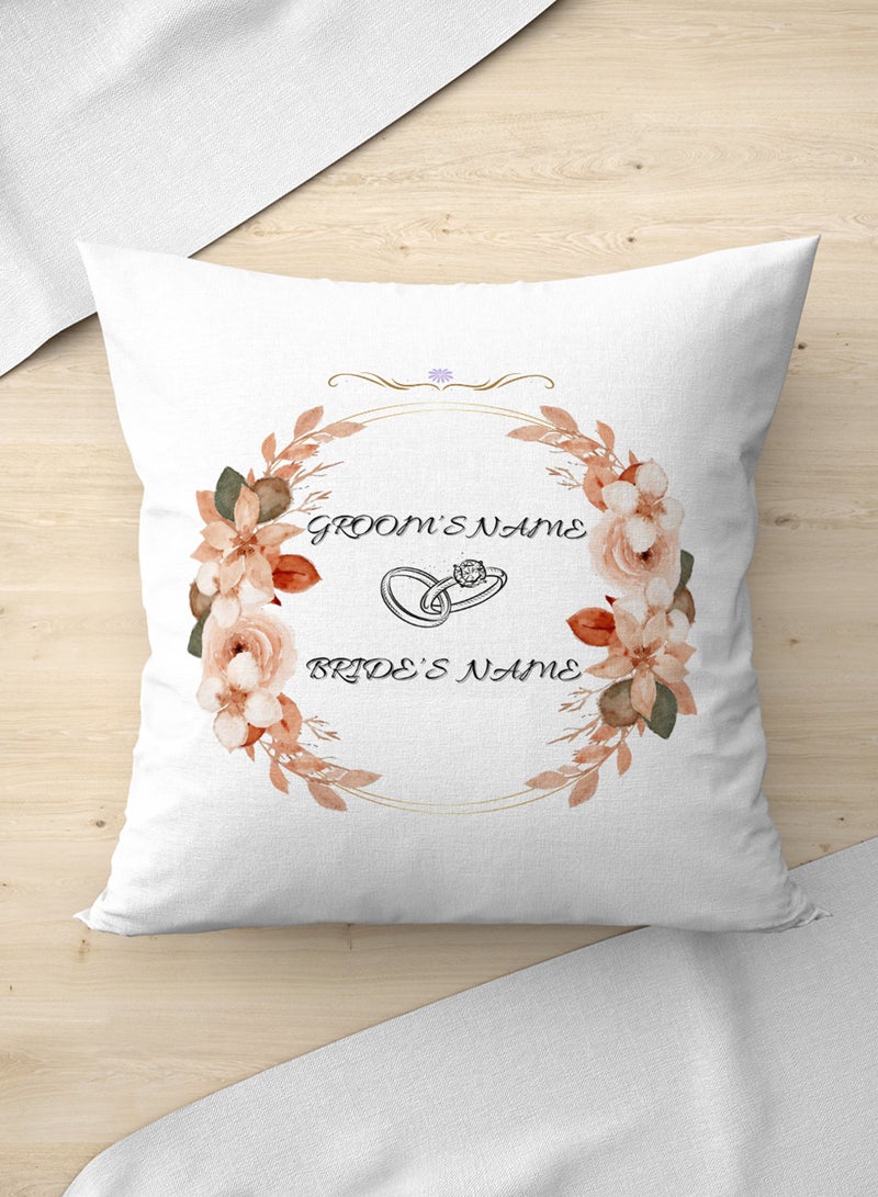 LOWHA Customizable Polyester Pillowcase Cushion Cover with Groom & Bride's Names and Wedding Ring in Flowers Pattern White 40x40cm  - Image 3