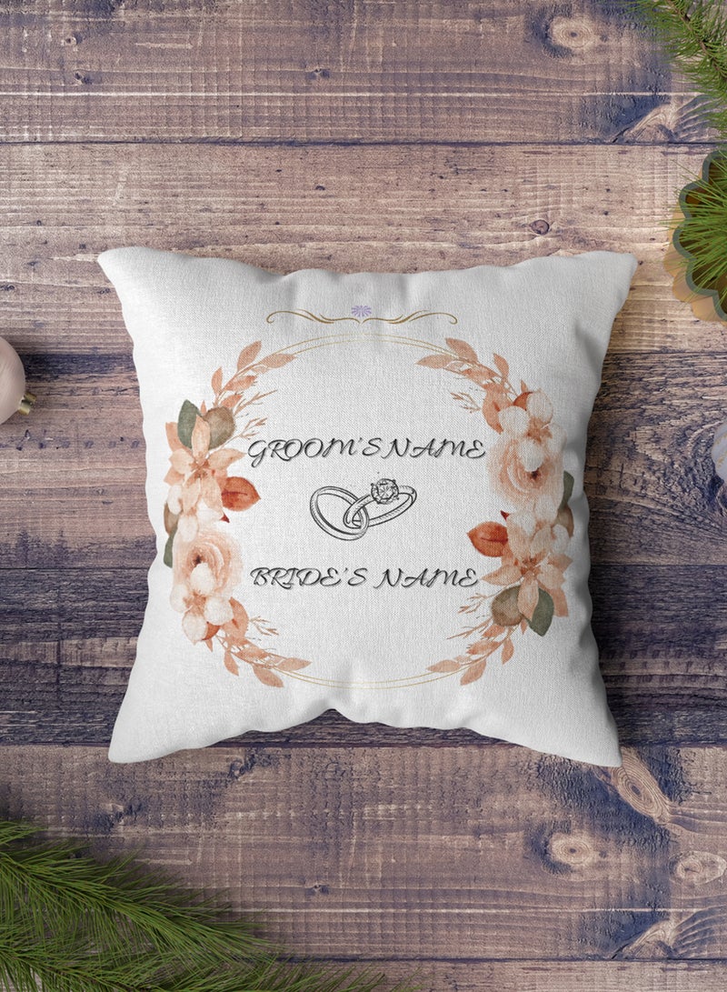 LOWHA Customizable Polyester Pillowcase Cushion Cover with Groom & Bride's Names and Wedding Ring in Flowers Pattern White 40x40cm  - Image 5