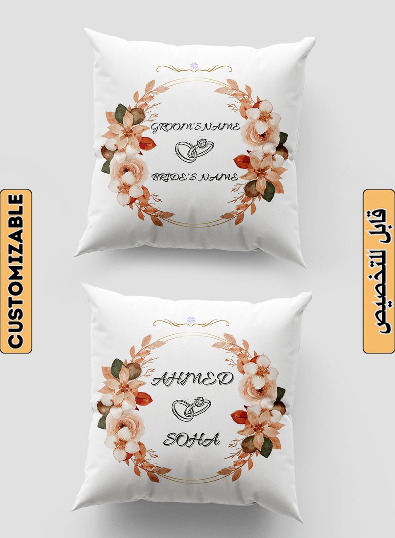 LOWHA Customizable Polyester Pillowcase Cushion Cover with Groom & Bride's Names and Wedding Ring in Flowers Pattern White 40x40cm  - Image 1