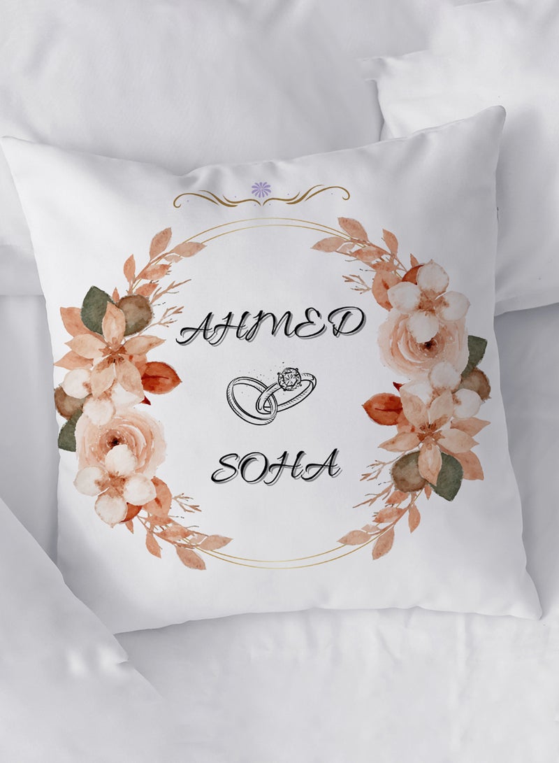 LOWHA Customizable Polyester Pillowcase Cushion Cover with Groom & Bride's Names and Wedding Ring in Flowers Pattern White 40x40cm  - Image 4
