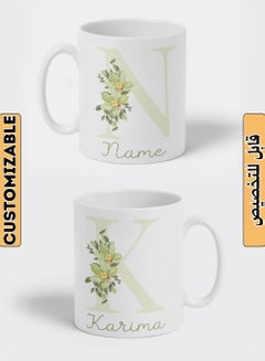 LOWHA Customizable Ceramic 11 oz Mug with Personalized Name and Green Flowers on First Letter of The Name White  - Image 1