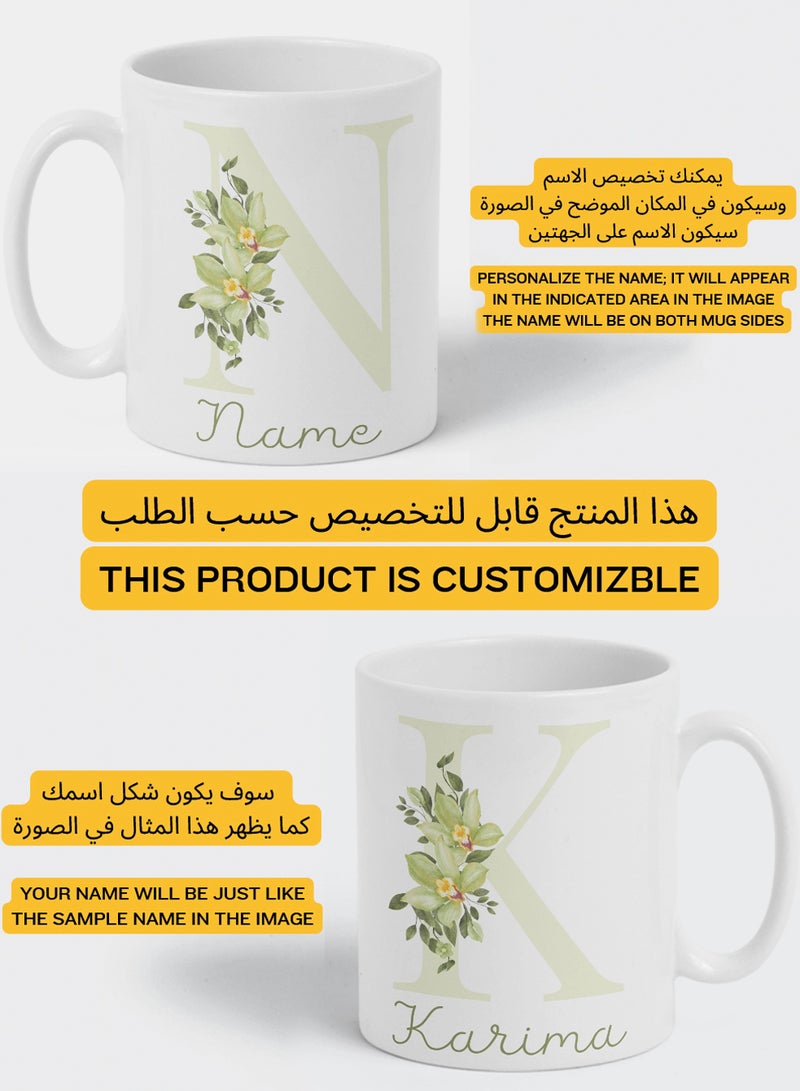 LOWHA - Customizable Ceramic 11 oz Mug with Personalized Name and Green Flowers on First Letter of The Name White - Image 1