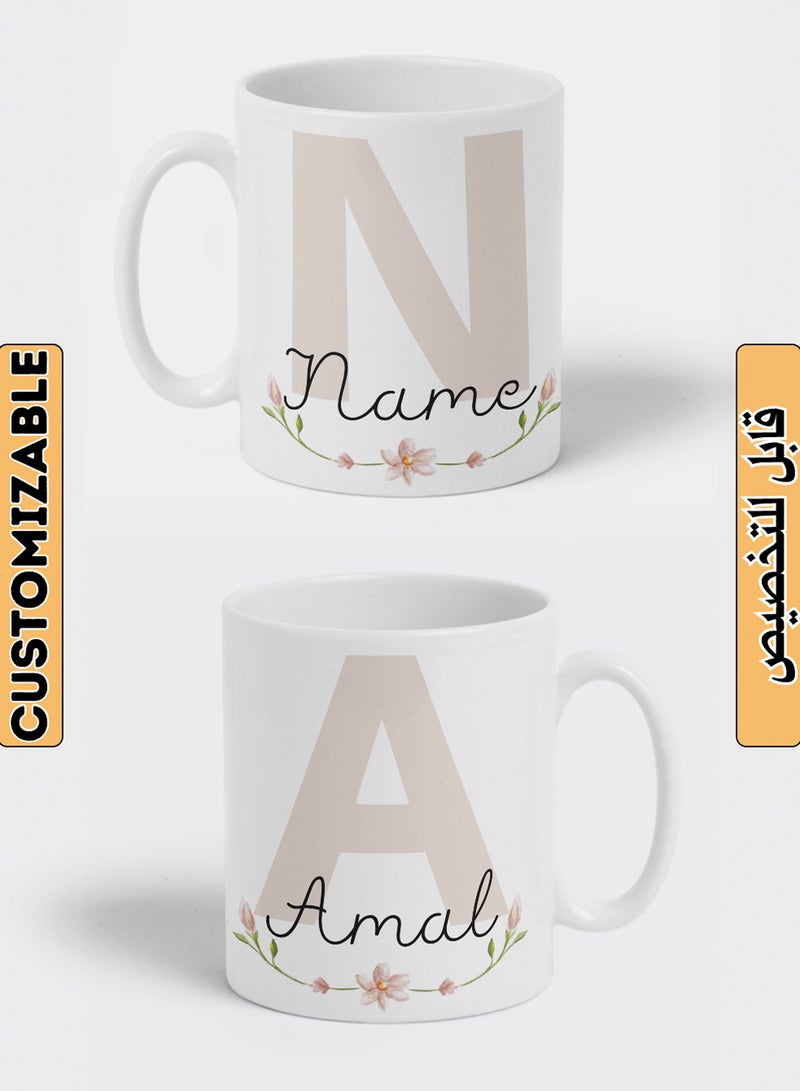 LOWHA - Customizable Ceramic 11 oz Mug with Personalized Name and Flowers with First Letter of The Name White - Image 1