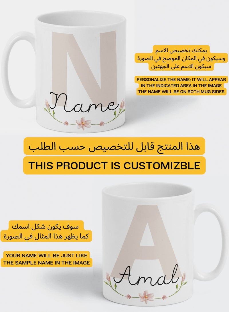 LOWHA - Customizable Ceramic 11 oz Mug with Personalized Name and Flowers with First Letter of The Name White - Image 1