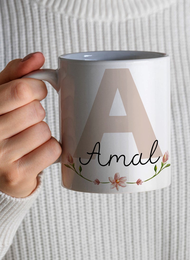 LOWHA - Customizable Ceramic 11 oz Mug with Personalized Name and Flowers with First Letter of The Name White - Image 1