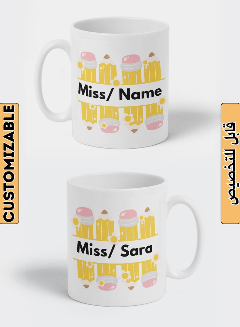 LOWHA Customizable Ceramic 11 oz Mug Personalized with Teacher Name and Colorful Pencils Design White  - Image 1
