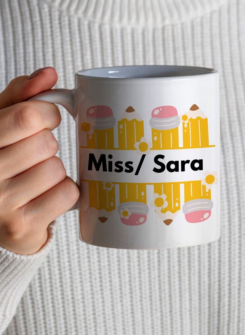 LOWHA Customizable Ceramic 11 oz Mug Personalized with Teacher Name and Colorful Pencils Design White  - Image 4