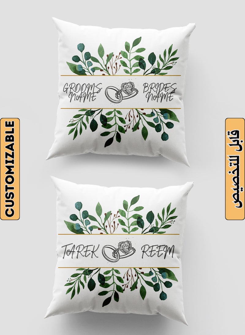LOWHA Customizable Polyester Pillowcase Cushion Cover with Groom & Bride's Names and Wedding Ring in Plant Leaves Pattern White 40x40cm  - Image 1