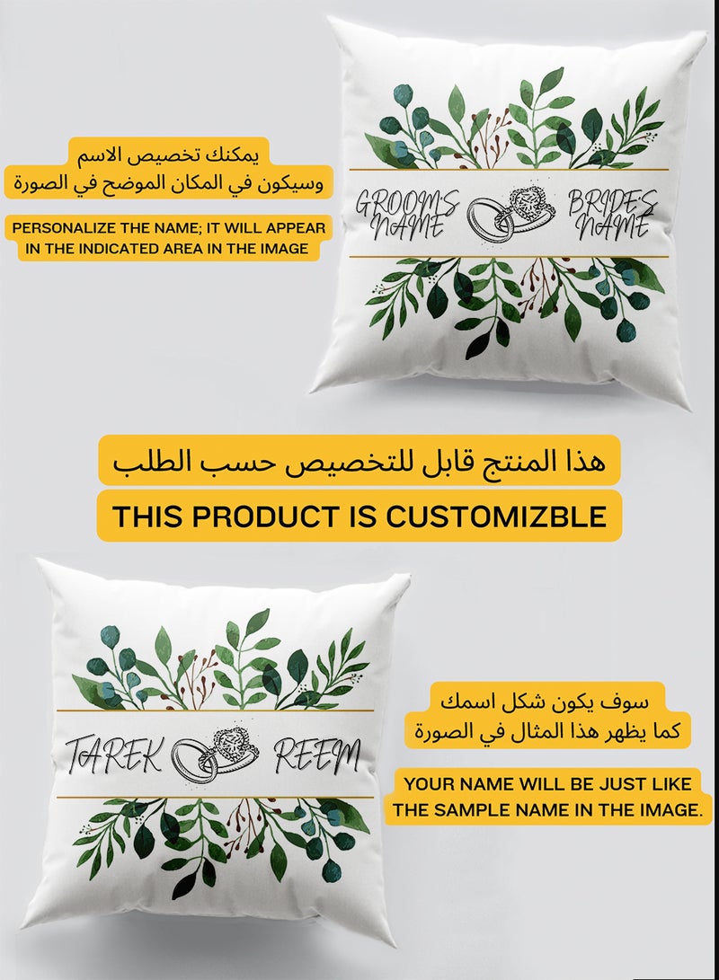 LOWHA Customizable Polyester Pillowcase Cushion Cover with Groom & Bride's Names and Wedding Ring in Plant Leaves Pattern White 40x40cm  - Image 2