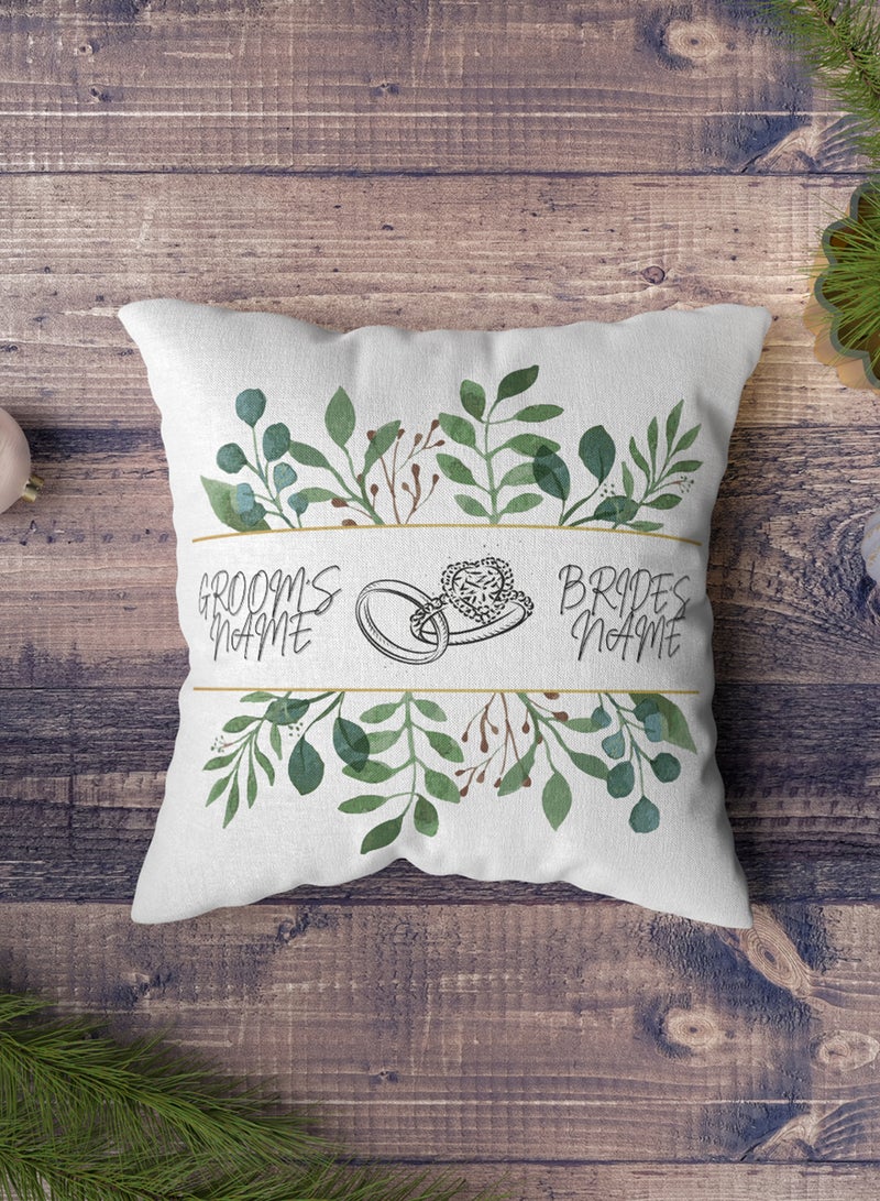 LOWHA Customizable Polyester Pillowcase Cushion Cover with Groom & Bride's Names and Wedding Ring in Plant Leaves Pattern White 40x40cm  - Image 5