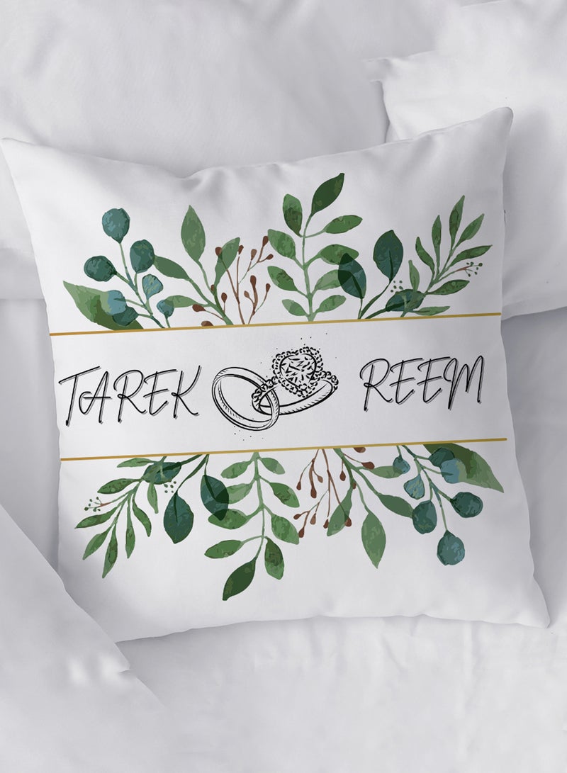 LOWHA Customizable Polyester Pillowcase Cushion Cover with Groom & Bride's Names and Wedding Ring in Plant Leaves Pattern White 40x40cm  - Image 4