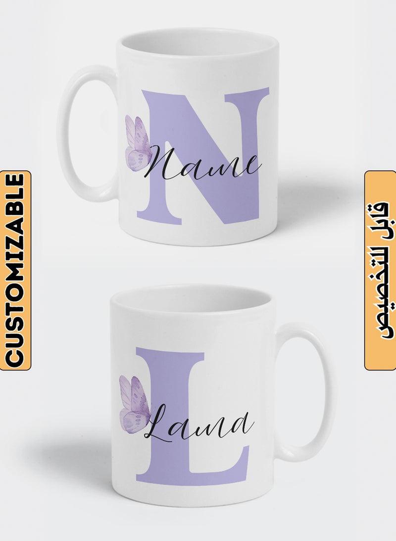 LOWHA Customizable Ceramic 11 oz Mug with Personalized Name and Butterfly with First Letter of The Name Design White  - Image 1